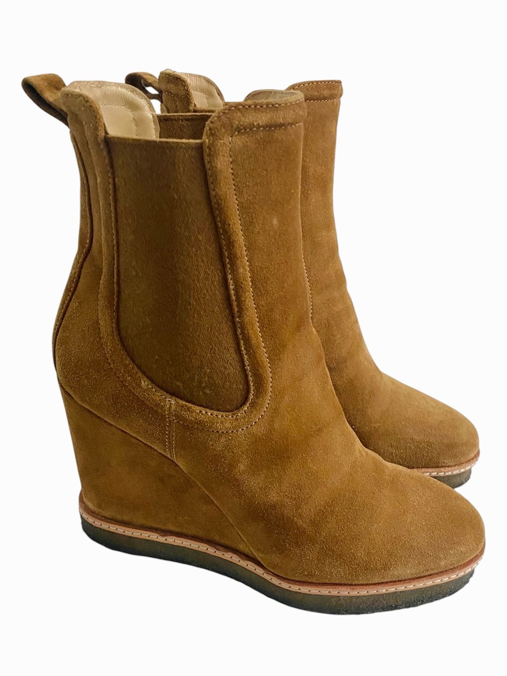 Veronica Beard Aari Wedge Heel Chelsea Boots Size 8 Brown Leather Suede - Picture 7 of 13